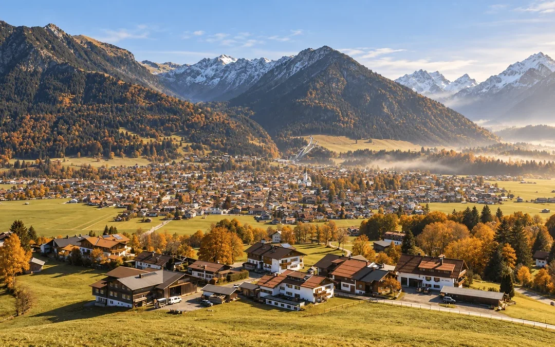 Blick über Oberstdorf mit herbstlichen Wiesen, Morgennebel und leicht verschneiten Berggipfeln